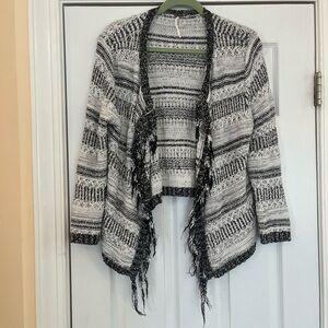 Free People Black and White Fringe Cardigan Sweater